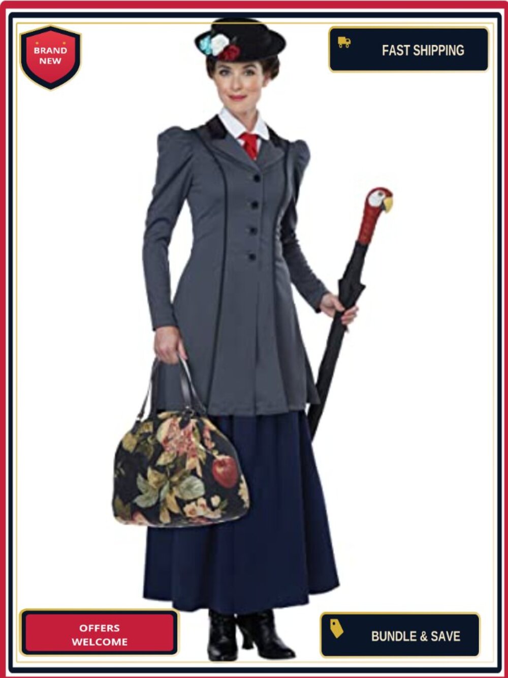 Women's English Nanny Adult Costume 5-Piece Set with Jacket Skirt Hat
